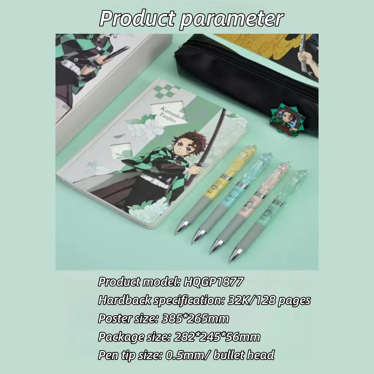 Tanjiro, Nezuko, Zenitsu & Inosuke Anime Stationery Set Gift Bag: Including Gel Pens, Pen Pouch, Notebook and Anime Poster