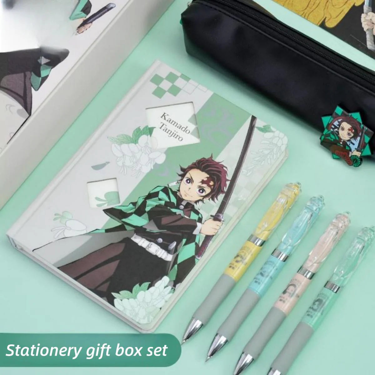 Tanjiro, Nezuko, Zenitsu & Inosuke Anime Stationery Set Gift Bag: Including Gel Pens, Pen Pouch, Notebook and Anime Poster