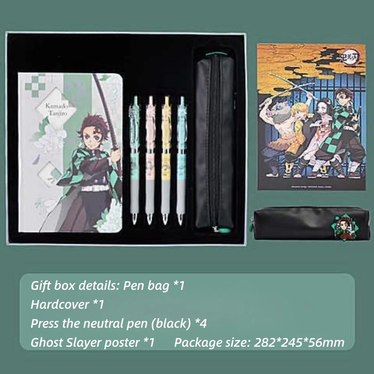 Tanjiro, Nezuko, Zenitsu & Inosuke Anime Stationery Set Gift Bag: Including Gel Pens, Pen Pouch, Notebook and Anime Poster